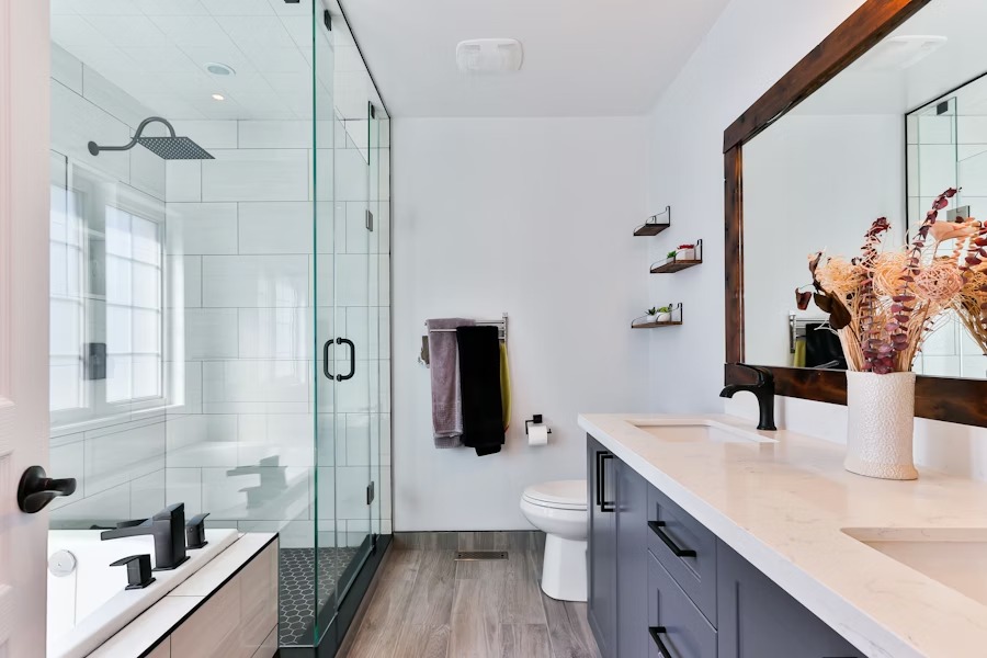 Freshly cleaned bathroom with bright surfaces